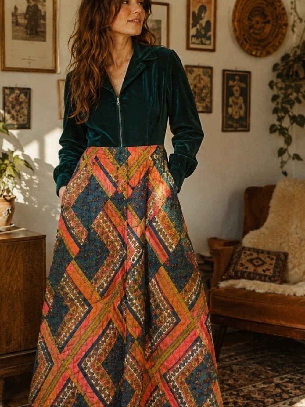 Vintage 70s Evelyn Pearson Boho Paisley Maxi Dress Green Velvet Retro